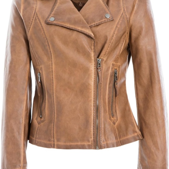 Max Studio Tan Leather Moto Jacket Fitted Silhouette - Picture 4 of 16